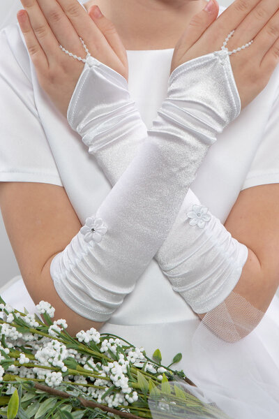 Długie rękawiczki na palec z białym kwiatkiem z kryształkiem NR5/D